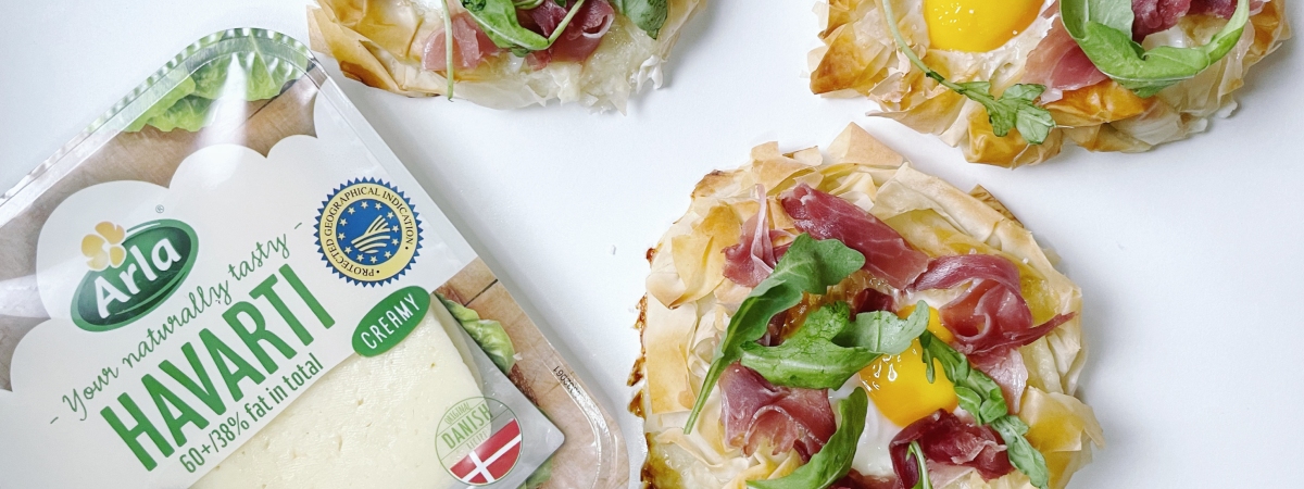 Nidos de pasta filo con Arla Queso Havarti, jamón y rúcula